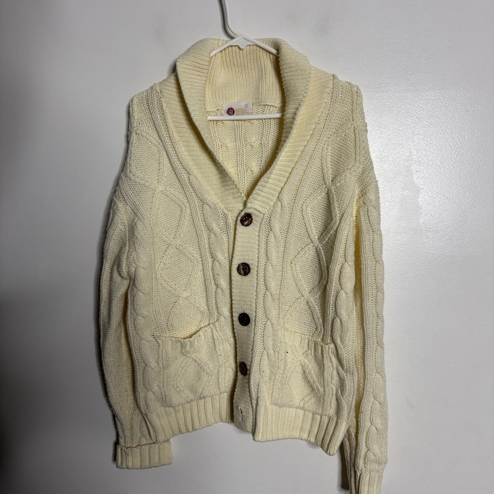 Sears Kings Road Cream Cable‎ Knit Shawl Collar Cardigan Sweater Mens L